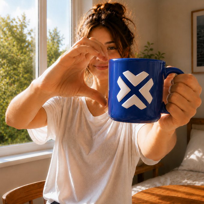 A woman holds a blue coffee mug displaying a white "X" logo, framing it with her hands in a heart-like gesture while standing near a sunlit window. The image playfully riffs on the "suggest a token" post by showcasing the XRP cryptocurrency logo, with the mug serving as a visual "pick" or suggestion for her crypto "fam."