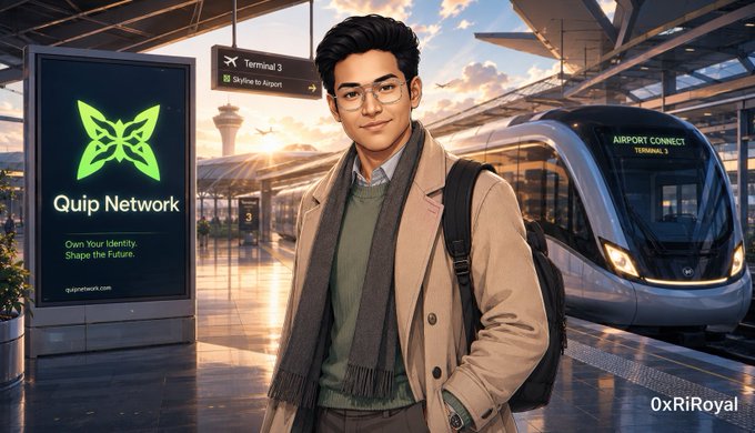 An illustration of a young man wearing glasses and a beige coat standing at an airport terminal with a 'Quip Network' advertisement and a futuristic train labeled 'AIRPORT CONNECT' visible, signed '0xRiRoyal'.