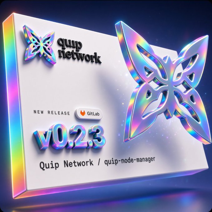 A promotional graphic for a software release featuring a holographic star logo and the text "quip network," "NEW RELEASE," "GitLab," and "v0.2.3 quip-node-manager."
