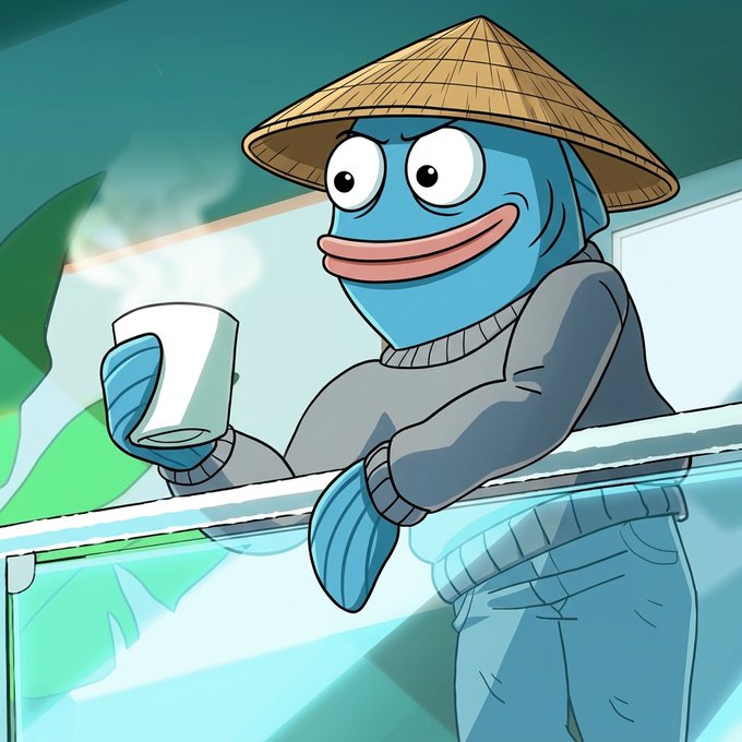 An illustrated blue fish-like character wearing a conical straw hat holds a steaming white mug while leaning on a railing.