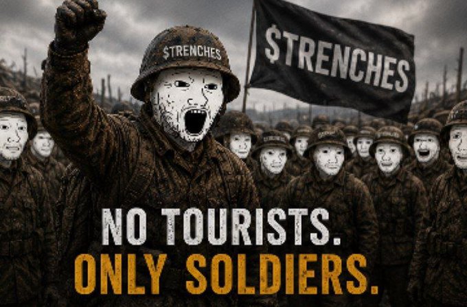 Promotional artwork showing masked figures in military helmets and uniforms raising a fist, with text reading "$TRENCHES" and "NO TOURISTS. ONLY SOLDIERS."