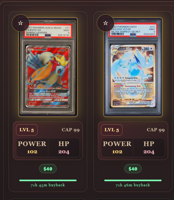 Two graded Pokémon cards are displayed: a 2017 Pokémon Sun & Moon Shining Legends Latios GX PSA 9 (Mint) priced at $40 with 71h 45m buyback, and a 2022 Pokémon SWSH Silver Tempest Secret Alolan VSTAR PSA 9 (Mint) priced at $40 with 71h 46m buyback, both showing LVL 5, Power 102, HP 204, and Cap 99.