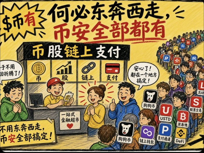 A colorful Chinese cartoon illustration promoting crypto/DeFi services with text reading '何必东奔西走, 币安全部都有' (No need to run around, all coin safety is here) and '币股链上支付' (Coin-stock on-chain payment).