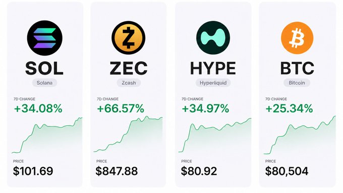 A cryptocurrency price dashboard showing 7-day gains for SOL (+34.08%, $101.69), ZEC (+66.57%, $847.88), HYPE (+34.97%, $80.92), and BTC (+25.34%, $80,504).