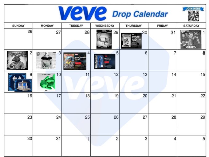 A VeVe Drop Calendar showing scheduled digital collectible releases across the month, with entries marked on March 4th and 5th.