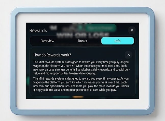 Digital interface showing a "Rewards" popup from Mint, explaining that the rewards system gives XP which increases rank over time, unlocking benefits like rakeback and daily rewards.