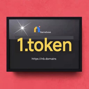 A Namebase branded graphic displaying the premium domain "1.token" with the URL https://hb.domains shown on a red background.