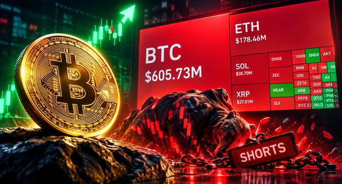 A cryptocurrency graphic showing a Bitcoin coin next to a red display with BTC at $605.73M and ETH at $178.46M, along with a bear statue and a 'SHORTS' tag, set against a trading chart background.
