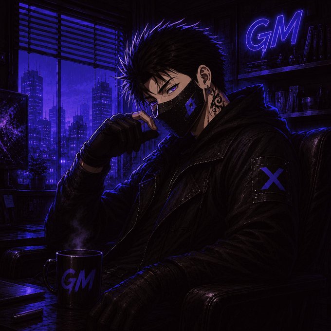 A dark anime-style portrait of a black-haired male character wearing a face mask and leather jacket, sitting in a purple-lit room with a glowing neon 'GM' sign behind him and a 'GM' coffee mug on the desk, suggesting a gaming or streamer persona.