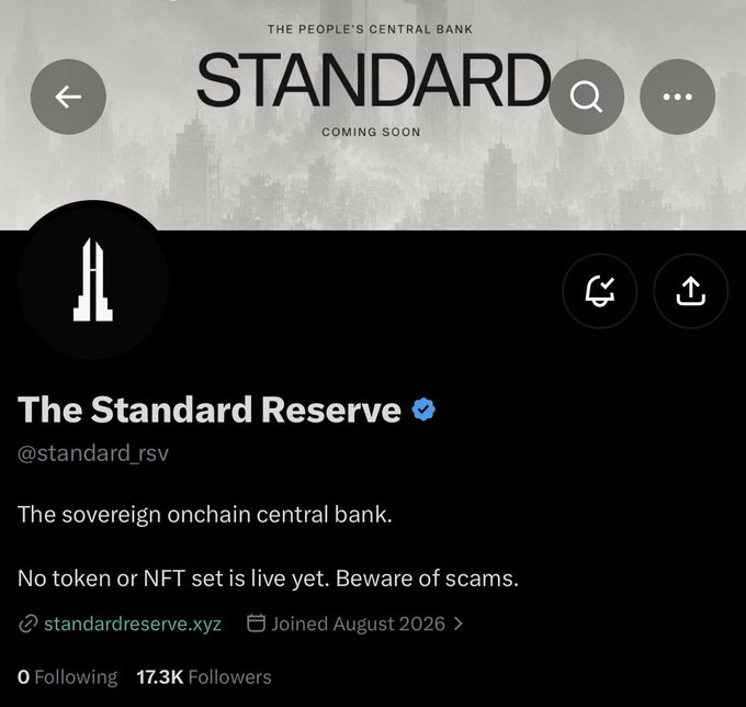 A Twitter/X profile page for "The Standard Reserve" (@standard_rsv), tagged as "The People's Central Bank" and "coming soon," featuring a verified checkmark, 17.3K followers, and a warning that "No token or NFT set is live yet. Beware of scams." The image corresponds to the post by @0xbeans announcing the upcoming on-chain central bank project and its 1,000 free Charter NFTs tied to the $STANDARD token.