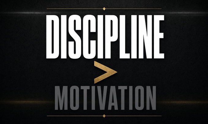 A motivational graphic featuring bold white text "DISCIPLINE" above a gold ">" symbol, followed by "MOTIVATION" in gray text, set against a dark textured background—visually emphasizing the message that discipline outweighs motivation in achieving goals.