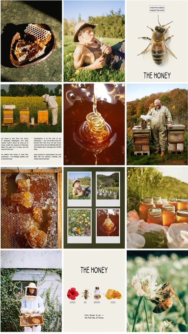A Pinterest-style collage titled 'THE HONEY' featuring images of honeycomb, bees, beekeepers, jars of honey, and a beehive with text including 'from flower to jar and first idea of honey'.