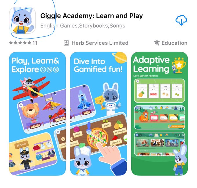 An app store listing for "Giggle Academy: Learn and Play" by Herb Services Limited, categorized under Education with a 4.5-star rating, featuring screenshots of gamified English learning content, adaptive learning, and rewards for kids.