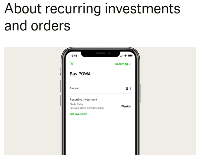 An informational graphic titled 'About recurring investments and orders' showing a smartphone mockup displaying a Robinhood recurring investment setup to 'Buy POWA' for $1 weekly via Menlo Bank Checking.