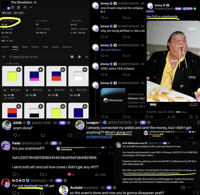 A collage of social media posts and screenshots related to a crypto/NFT scam. It includes tweets from 'Jimmy' (@JIMMYEDGAR), a trading interface labeled 'The Simulation' with a floor price of $5.04, and user complaints about being scammed, with one tweet referencing 'The FUD is unbelievable.'