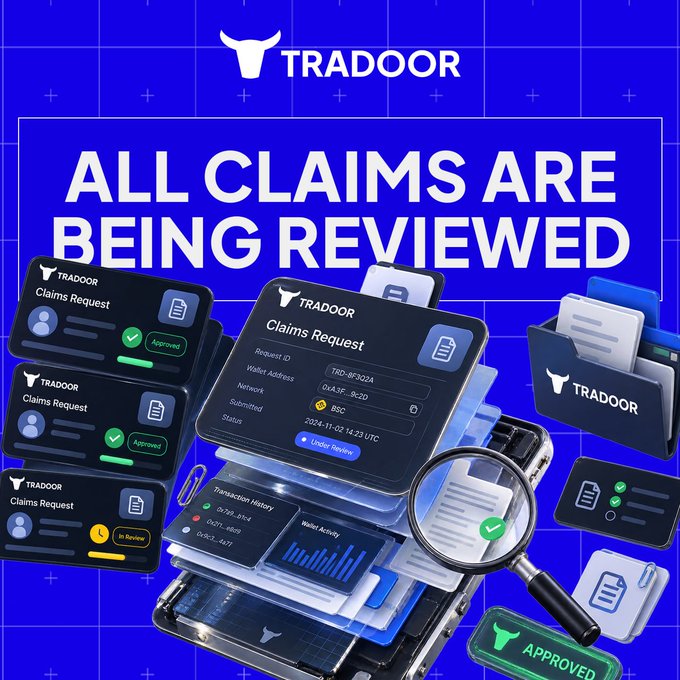 A promotional graphic for TRADOOR with the headline 'ALL CLAIMS ARE BEING REVIEWED,' displaying UI cards of claims requests with statuses like 'Under review,' 'Approved,' and 'In Review.'