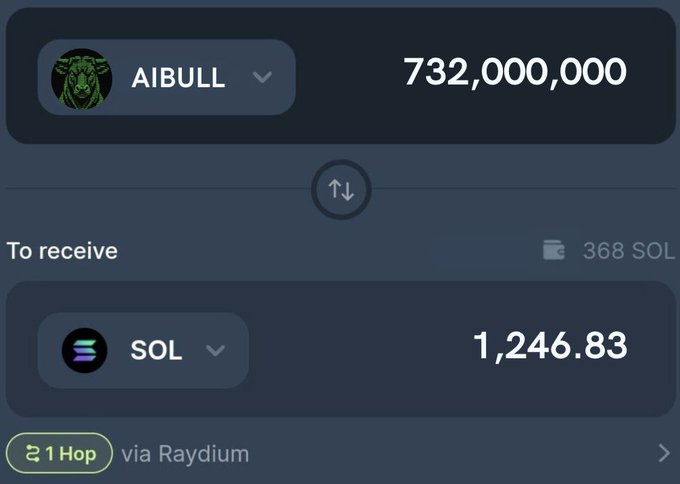 A crypto swap interface shows an exchange of 732,000,000 $AIBULL tokens for 1,246.83 $SOL (estimated 368 SOL to receive) via Raydium. The image appears to demonstrate the value of AIBULL holdings, supporting an airdrop promotion offering 135,000 $AIBULL tokens to participants who like, retweet, and share their SOL address.