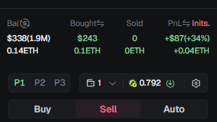A cryptocurrency trading interface showing a balance of $339 (1.9M) with 0.14 ETH, bought 0.1 ETH for $243, sold 0 ETH, with a profit/loss of +$87 (+34%) and +0.04 ETH, featuring Buy, Sell, and Auto buttons.