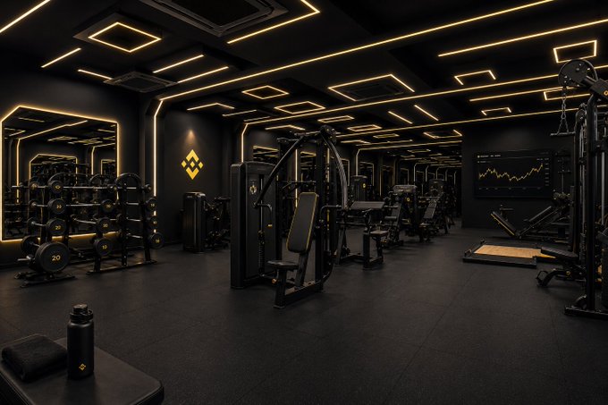 The image showcases a sleek, modern gym featuring an all-black design with glowing gold geometric lights on the ceiling and walls, along with the Binance logo prominently displayed. A rack of dumbbells shows "20" marked on a weight plate, and a screen in the background displays a gold cryptocurrency chart, fitting the post's concept of a "Binance Gym" offering exclusive memberships to crypto users.