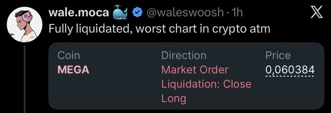 The image features a screenshot of a social media post by an individual, presumably a member of the cryptocurrency community, named WaleMoica who has unfollowed a person named Minecraft. The post includes a graphic representation of a coin, along with text that reads: "fully liquidated. worst chart in crypto atm direction: market order leverage long". This post seems to be related to the topic of Bitcoin and trading.