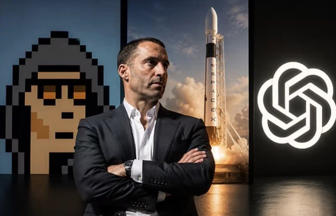 A confident businessman in a dark suit stands with arms crossed in front of three large displays: a pixelated CryptoPunk image, a SpaceX rocket launching with "SPACEX" branding visible, and the ChatGPT/OpenAI logo, visually representing D1 Capital founder David Sundheim's investments in SpaceX, AI, and CryptoPunks.