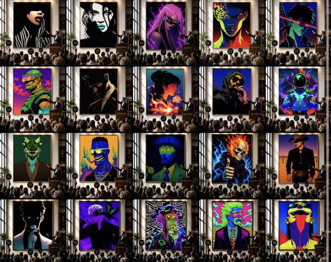 A grid of 20 colorful, stylized NFT artworks—including portraits of figures like Bob Marley, a monkey, an astronaut, and abstract characters—is displayed on large screens above an audience in what appears to be a conference hall. The image, paired with the caption "Who's still showing up for NFTs?", highlights the irony of a dwindling community gathering around digital art that once captivated the masses.