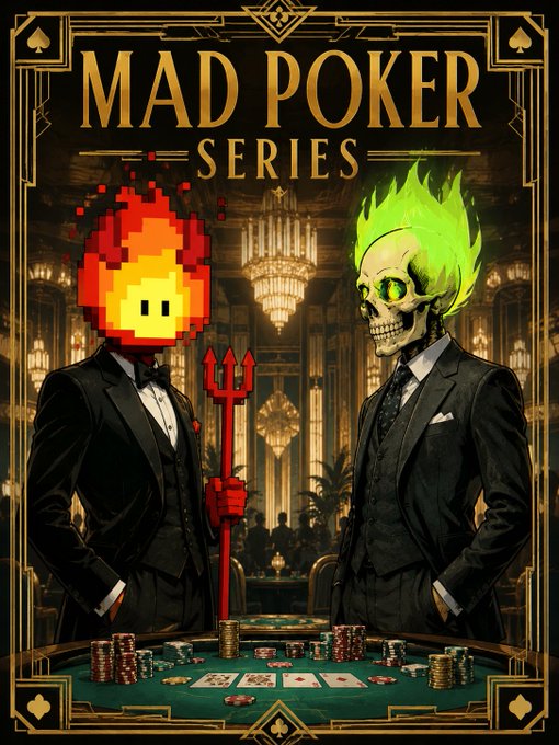 A poster titled 'MAD POKER SERIES' featuring a pixel fire character and a green-haired skeleton in suits standing at a poker table in an opulent casino.
