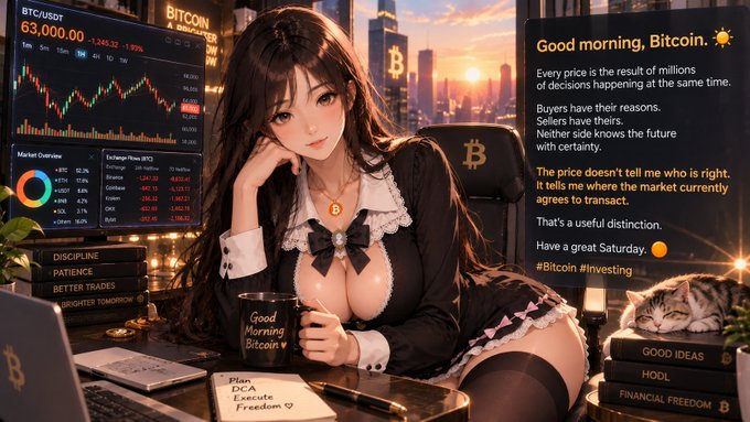 An anime-style digital illustration of a woman at a desk with Bitcoin branding, displaying a chart showing 'BTC/USDT 63,000.00' and a 'Good morning, Bitcoin' message about market decisions.