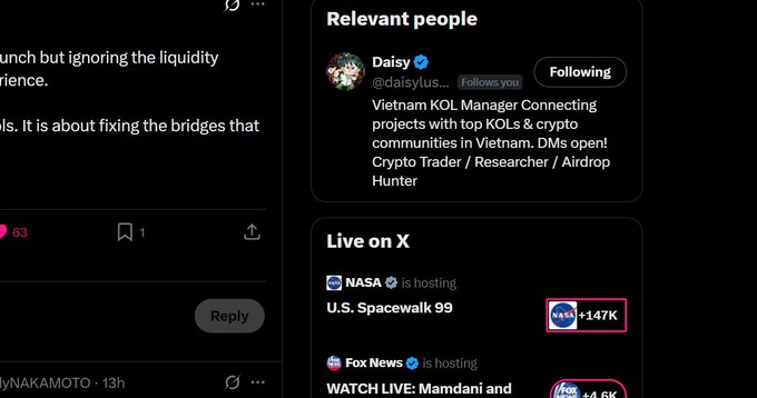 Screenshot of a social media post showing a 'Relevant people' section featuring user Daisy (@daisylus...) who is a 'Vietnam KOL Manager Connecting projects with top KOLs & crypto communities in Vietnam. DMs open!' Crypto Trader/Researcher/Airdrop Hunter, alongside a 'Live on X' section showing NASA hosting U.S. Spacewalk 99.