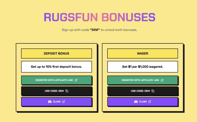 A promotional graphic for "RUGSFUN BONUSES" on a yellow background, offering two incentives: a Deposit Bonus of up to 10% on first deposits and a Wager bonus of $1 per $1,000 wagered. The image reinforces the accompanying post by displaying the signup code "DEM" prominently, matching the referral link "rugs.fun/?ref=DEM" to claim the rewards.