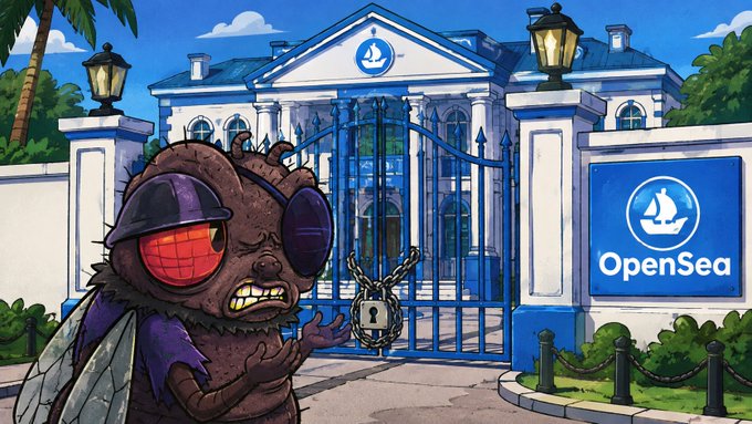 A cartoon fly wearing sunglasses stands before a locked blue and white gate with an 'OpenSea' sign next to a mansion.