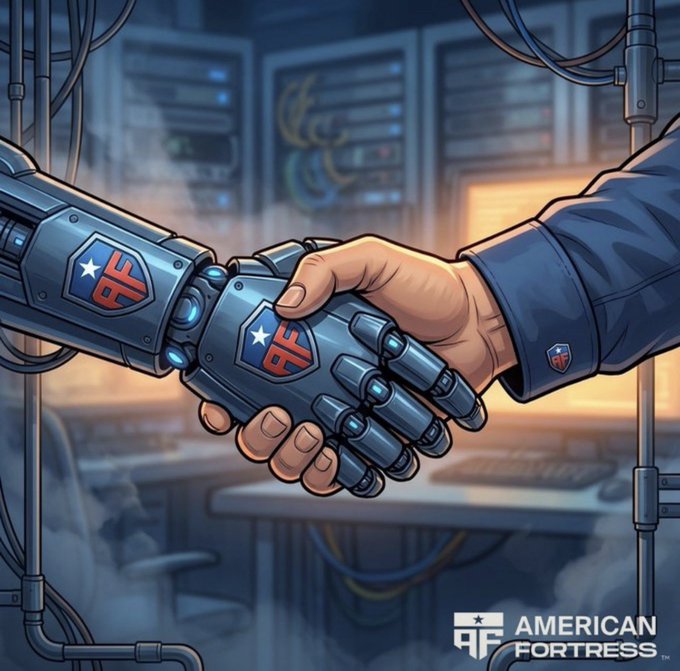 A stylized illustration showing a human hand shaking a robotic hand with the American Fortress (AF) logo, set against a server room backdrop.