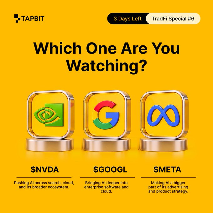 A yellow promotional graphic from TAPBIT asks 'Which One Are You Watching?' and compares $NVDA, $GOOGL, and $META as AI investments, with '3 Days Left - TradFi Special #6' at the top.