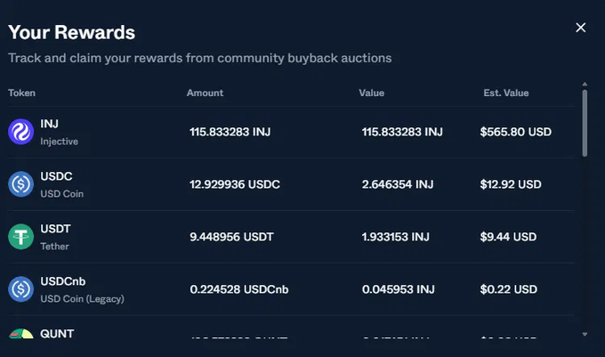 A 'Your Rewards' screen showing buyback auction rewards in INJ, USDC, USDT, USDCnb, and QUNT tokens with their USD values.