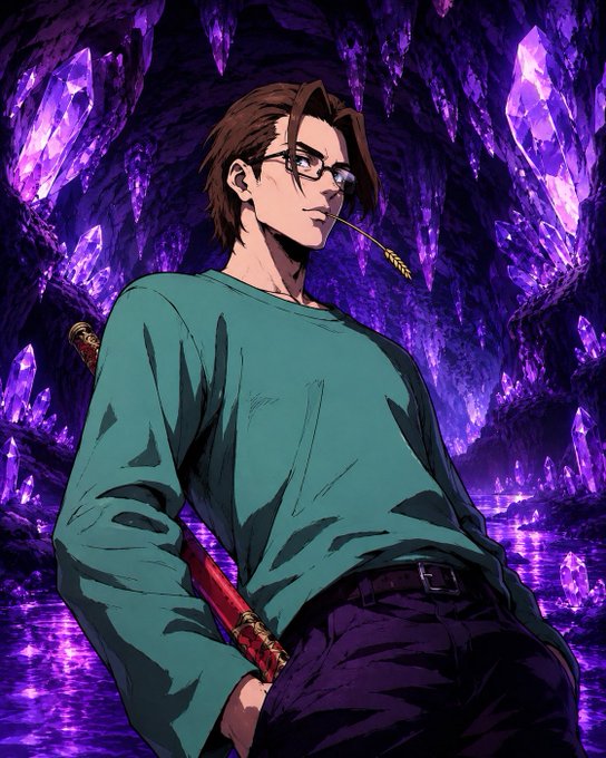 The image features a man wearing glasses standing next to a purple cave with crystals inside of it. The man has his hand in his pocket and appears to be looking down at something or someone. There are no texts present, so we can only see what is directly in front of him.
