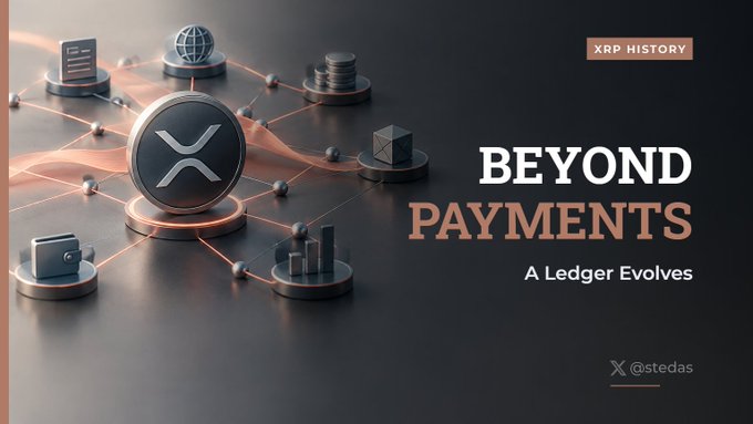 A graphic titled "BEYOND PAYMENTS - A Ledger Evolves" with "XRP HISTORY" tag, showing the XRP logo connected to various icons, credited to @stedas.