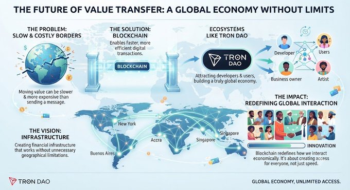 An infographic titled 'THE FUTURE OF VALUE TRANSFER: A GLOBAL ECONOMY WITHOUT LIMITS' explaining how blockchain and ecosystems like TRON DAO solve slow, costly cross-border transactions to create a global economy.