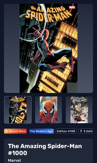Digital comic book listing for Marvel's 'The Amazing Spider-Man #1000', tagged as 'Secret Rare' edition #108 in 'The Modern Age'.
