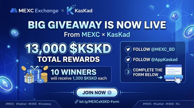 The image shows a promotional advertisement for MEXC Exchange offering a big giveaway with a total prize pool of 13,000 KSKD that each participant will receive. The participants need to fill out a form to join the giveaway, which is displayed in the bottom part of the photo. A twitter handle "@MEXC_BD" can be found among the other users participating in this exciting contest.