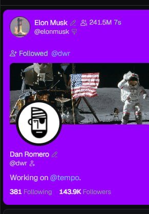 A tweet from Elon Musk (@elonmusk) showing that he follows Dan Romero (@dwr), who works at @tempo, with an image of an astronaut on the moon next to a lunar lander with an American flag.