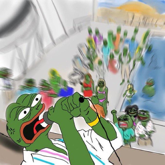 A Pepe the Frog meme showing the green frog holding up a phone to take a picture of a chaotic, blurry crowd of other frog characters at what appears to be a party.