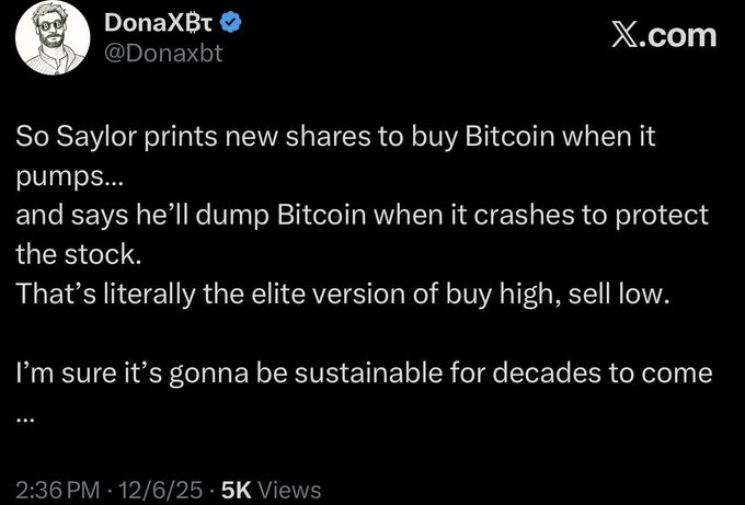 A tweet from DonaXBT (@Donaxbt) captioned "Elite version of buy high and sell low indeed," quoting Strategy (formerly MicroStrategy, $MSTR) CEO Michael Saylor's pattern of issuing new shares to buy Bitcoin at highs while planning to sell during crashes—paired with the context that Strategy recently sold $450M worth of Bitcoin, perfectly illustrating the "buy high, sell low" critique.