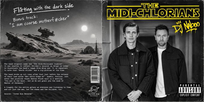 An album cover for 'THE MIDI-CHHLORIANS' by DJ Naboo styled like a Star Wars soundtrack release, featuring a parody 'Outer Rim Records' design with a Parental Advisory label.