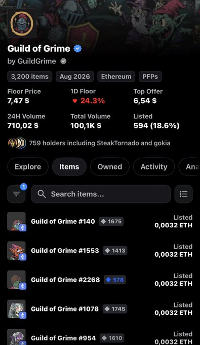 A mobile screenshot of the 'Guild of Grime' NFT collection showing 3,200 items, a floor price of 7.47$, total volume of 100.1K$, and 759 holders.