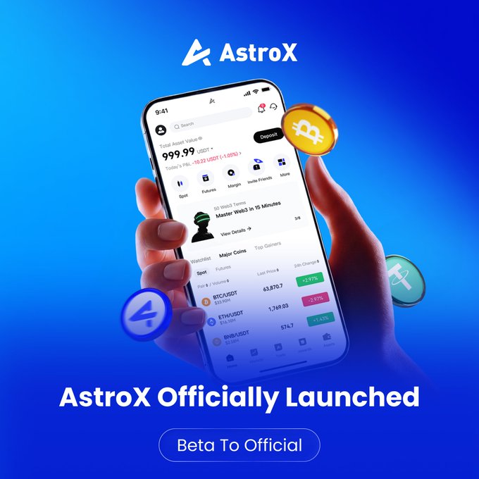 A hand holds a smartphone displaying the AstroX trading app with a $999.99 portfolio value, Bitcoin ($63,879.07), Ethereum ($1,769.93), and BNB ($574.70) prices, alongside floating crypto coin icons. The promotional graphic announces "AstroX Officially Launched - Beta To Official" to promote their giveaway of 100,000 USDT prize pool for app downloads.