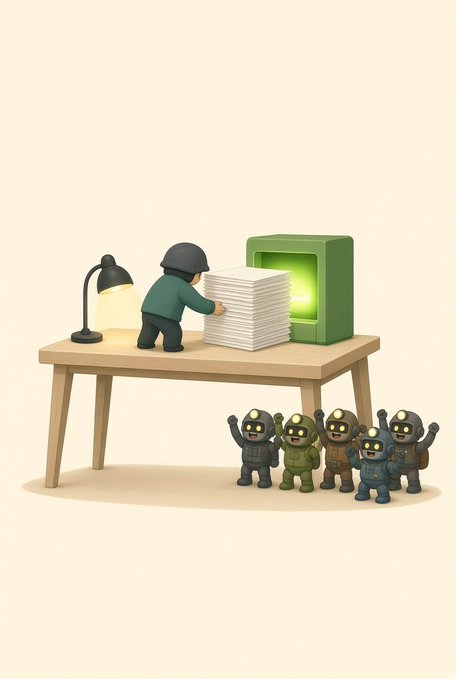 A worker feeds a large stack of documents into a green machine on a desk, while a group of miners with headlamps cheer below, illustrating how real-time development updates are shared with miners to keep them informed and engaged.