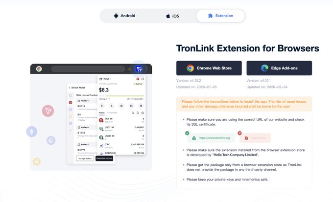 The image displays the TronLink Extension download page for browsers, featuring version details (v4.10.2 on Chrome Web Store, updated 2025-07-05, and v4.10.1 on Edge Add-ons, updated 2025-06-24) alongside a screenshot of the wallet interface showing a Switch Wallet balance of $8.30, while safety instructions emphasize using only the official tronlink.org URL and verifying the "Hefa Tech Company Limited" developer identity.