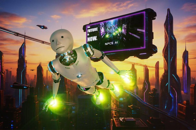 The image depicts a futuristic cityscape with buildings, flying cars, and robots, including a humanoid robot that appears to be flying through the sky. The robot's arms are outstretched, giving an impression of motion. In the background, there is a billboard featuring a phrase "future now" written in white letters on a black background. This billboard seems to convey a sense of anticipation or forward-thinking.