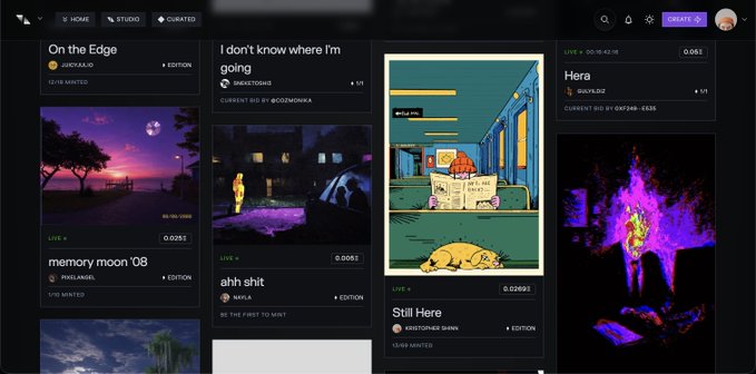 The image shows the Transient Labs website dashboard featuring multiple NFT artworks in a grid layout, including "On the Edge," "I don't know where I'm going," "memory moon '08," "ahh shit," "Still Here," and "Hera," each with prices like 0.05 ETH and 0.02 ETH. The "Still Here" artwork by @another1imek, which is centrally highlighted in the image, corresponds to the artwork mentioned in the caption as being featured on Transient Labs.