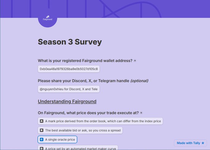 A 'Season 3 Survey' form for Fairground, asking for a registered wallet address (showing '0xb0ea48a1979326ba9e0b5027d105c8') and Discord handle, with the correct answer selected as 'A single oracle price' for how trades execute.
